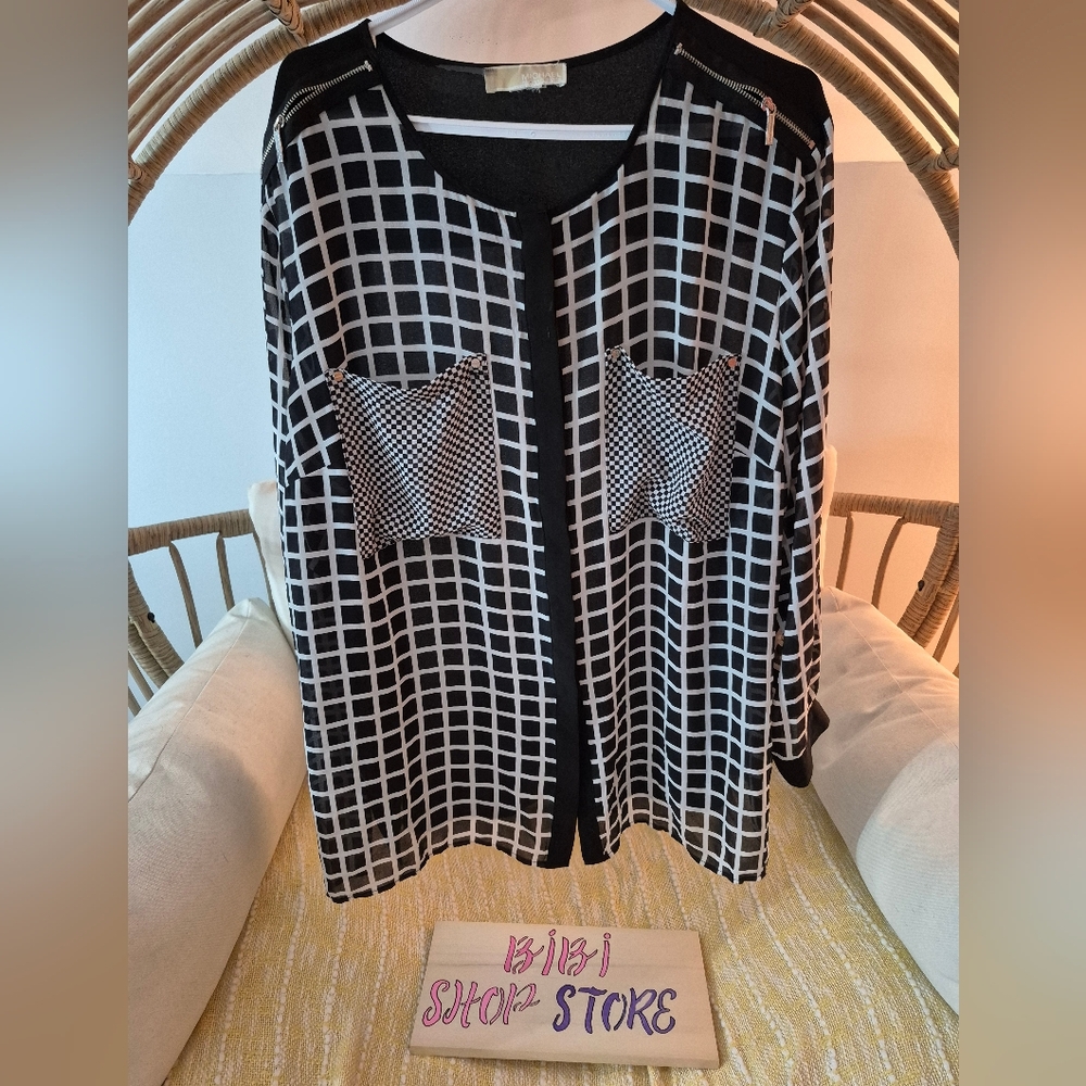 Michael Kors Black and White Grid Blouse